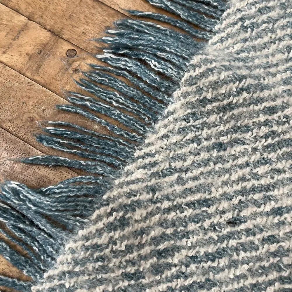 Wool Blend Lap Blanket Blue & Ivory Lush Fringe 37 x 43.5 in